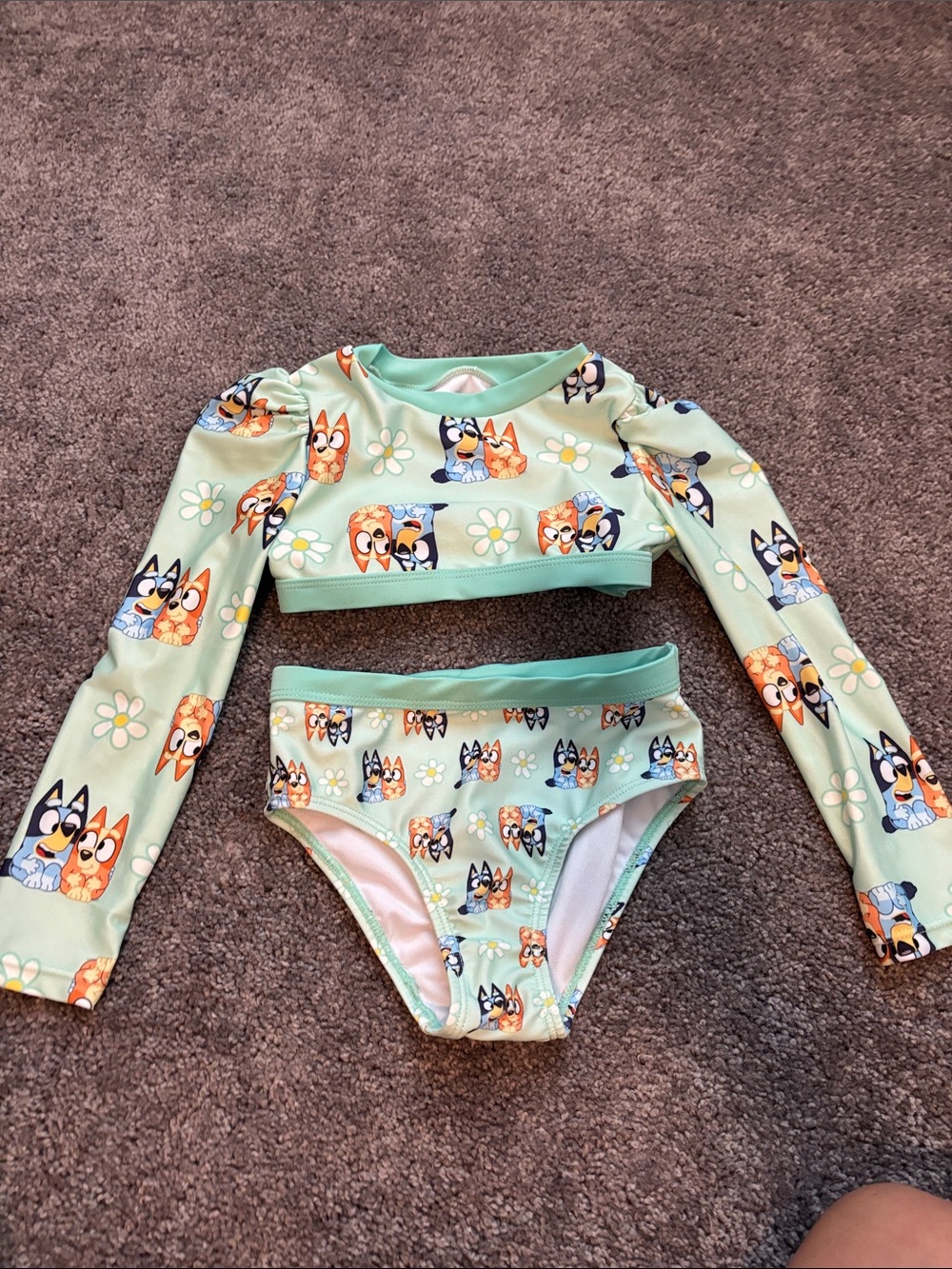 Kids Two-Piece Mint Green Long-Sleeve Swim Set with Dog Print